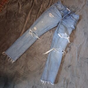 GRLFRND Button Fly Straight Blue Light Wash Jeans 25 Distressed Ankle Hole Fray